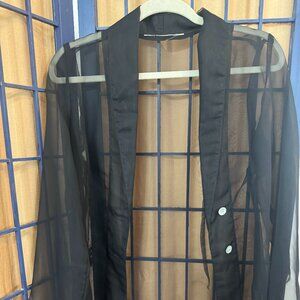 Black Sheer Tuxedo Blouse Satin Trim Button Front